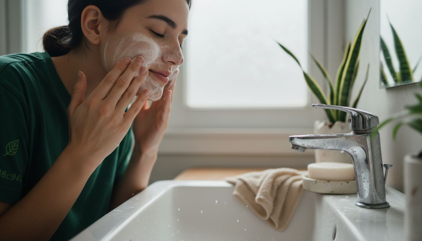 Washing face with gentle cleanser at sink