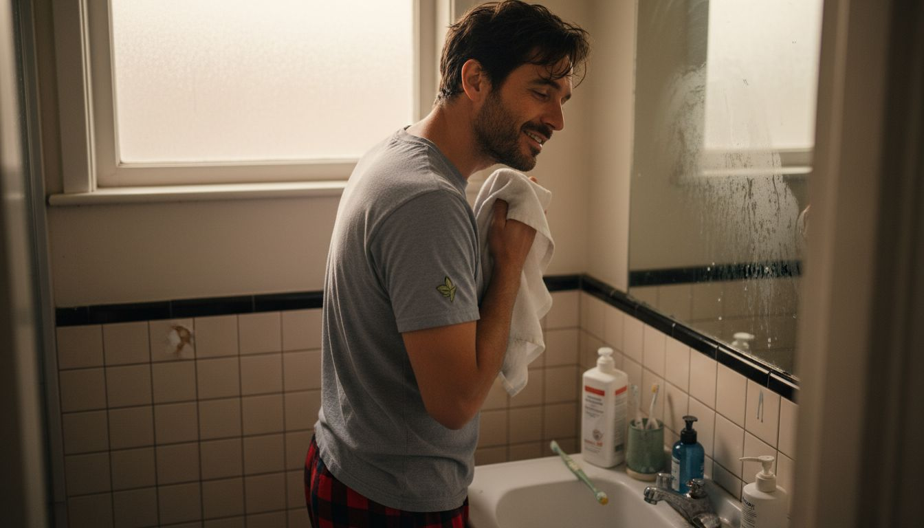 Man finishing basic skincare in small bathroom