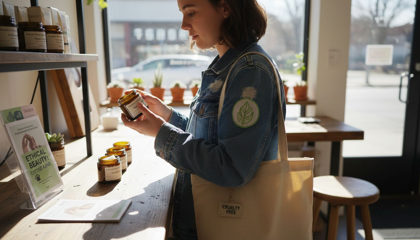 Shopper comparing vegan and animal skincare jars