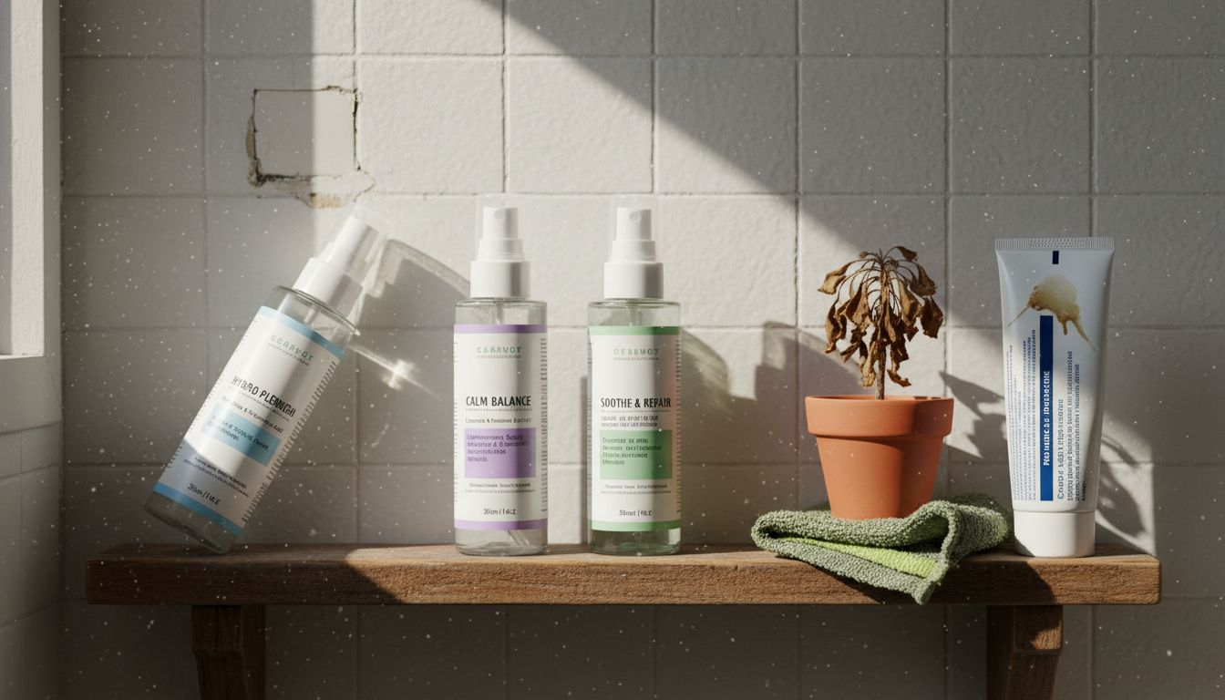 Assorted face mist bottles on bathroom shelf