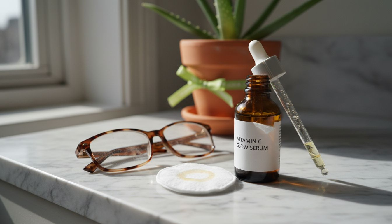 Close up of vitamin c serum bottle and details