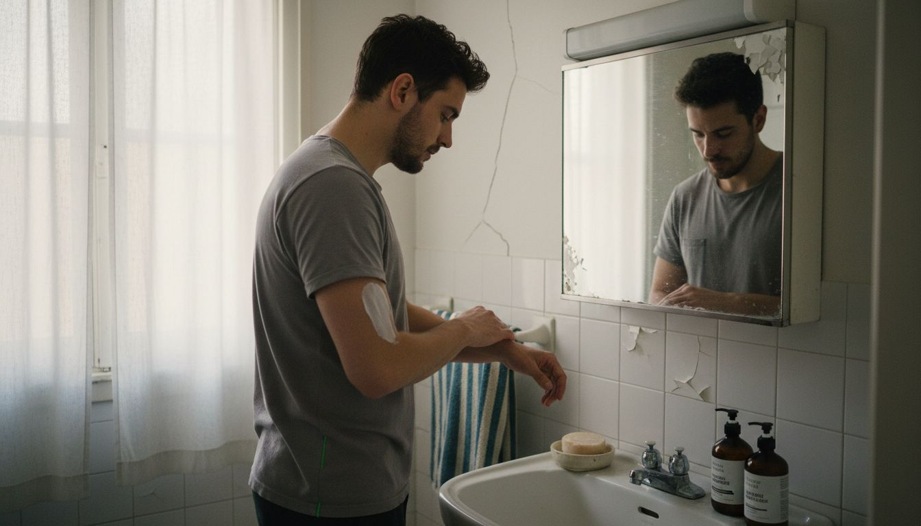 Man applies barrier cream in everyday bathroom