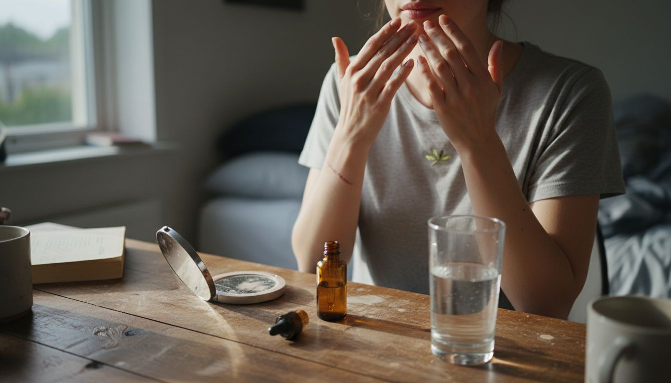 Hands applying facial serum to clean skin