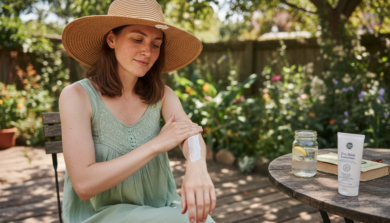 Woman in sun hat applying zinc oxide sunscreen