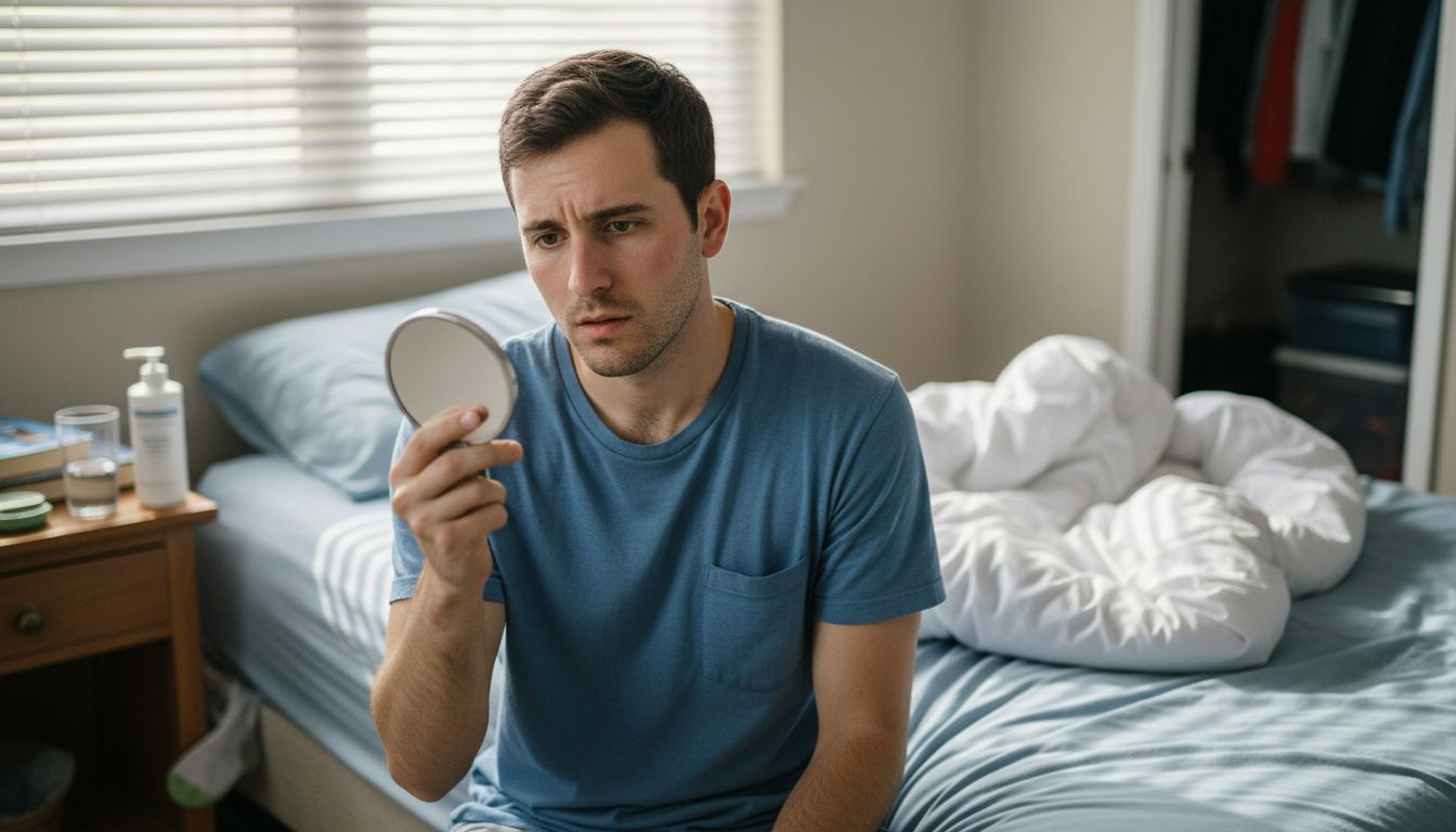 Young man checking redness on cheek in bedroom