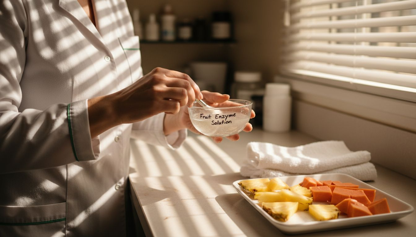Cosmetologist prepares fruit enzyme exfoliant