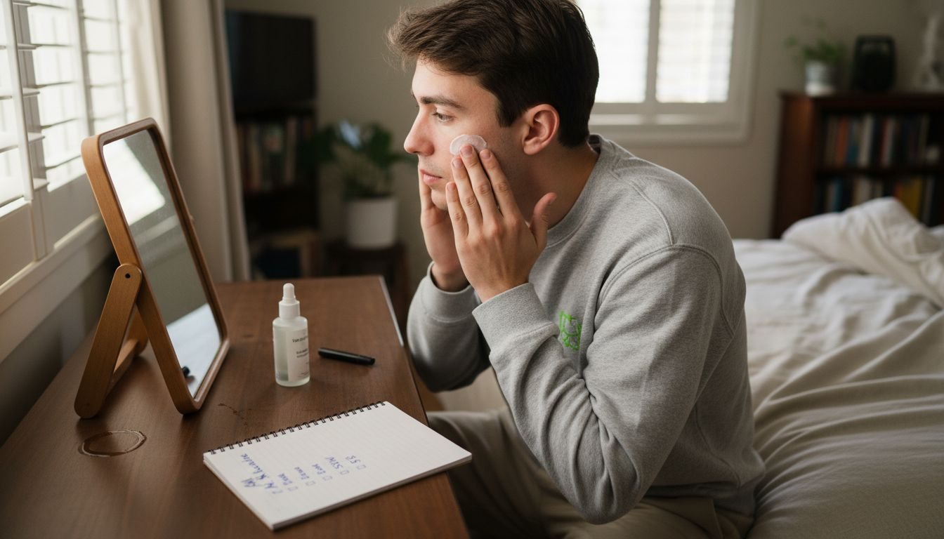 Man referencing skincare checklist in bedroom