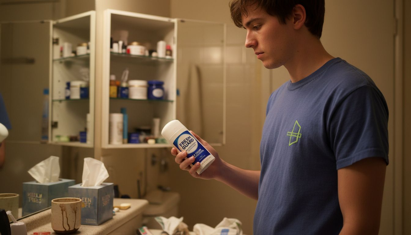 Man reading antiperspirant label in bathroom