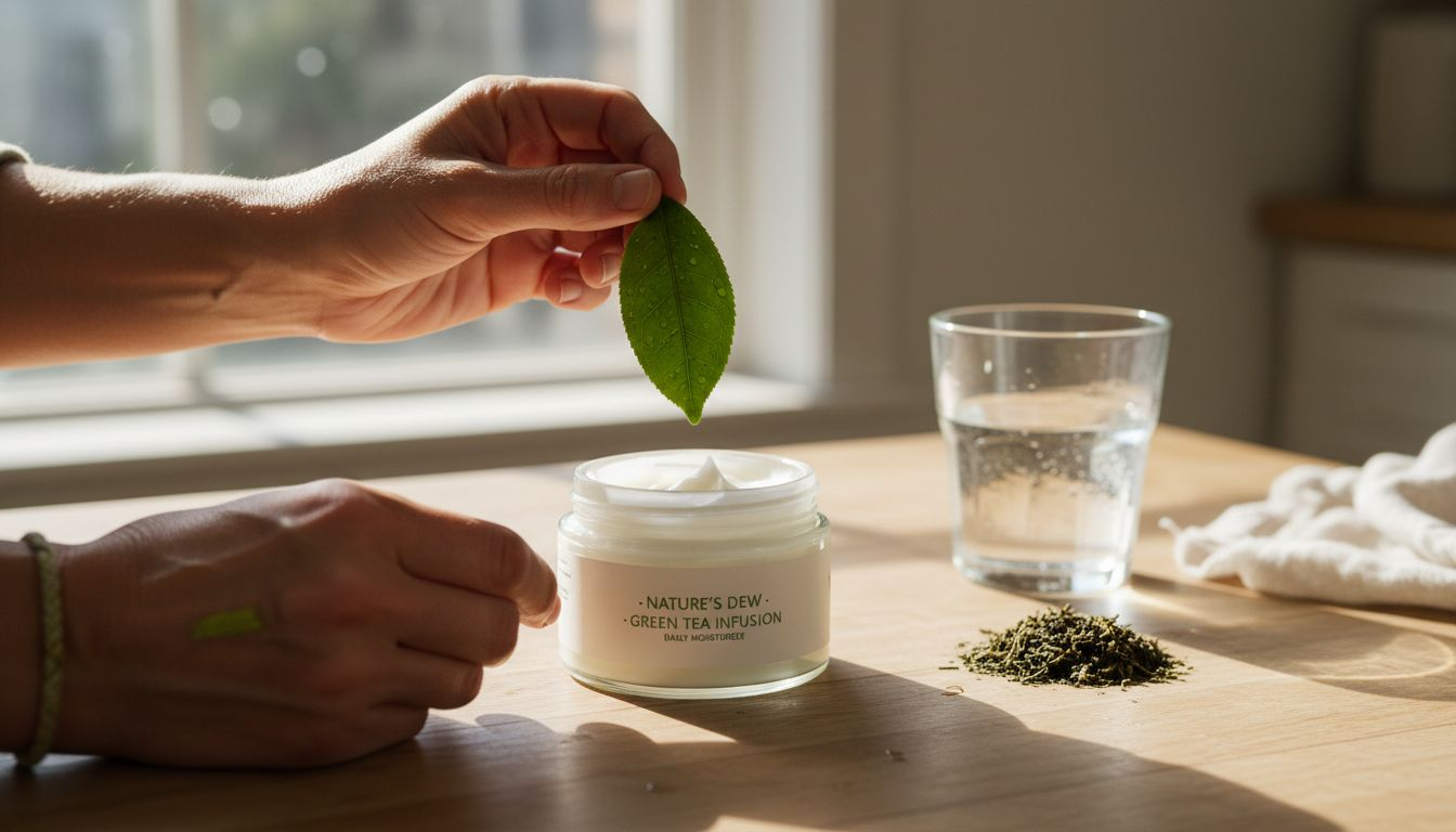 Hands holding green tea leaf over skincare jar