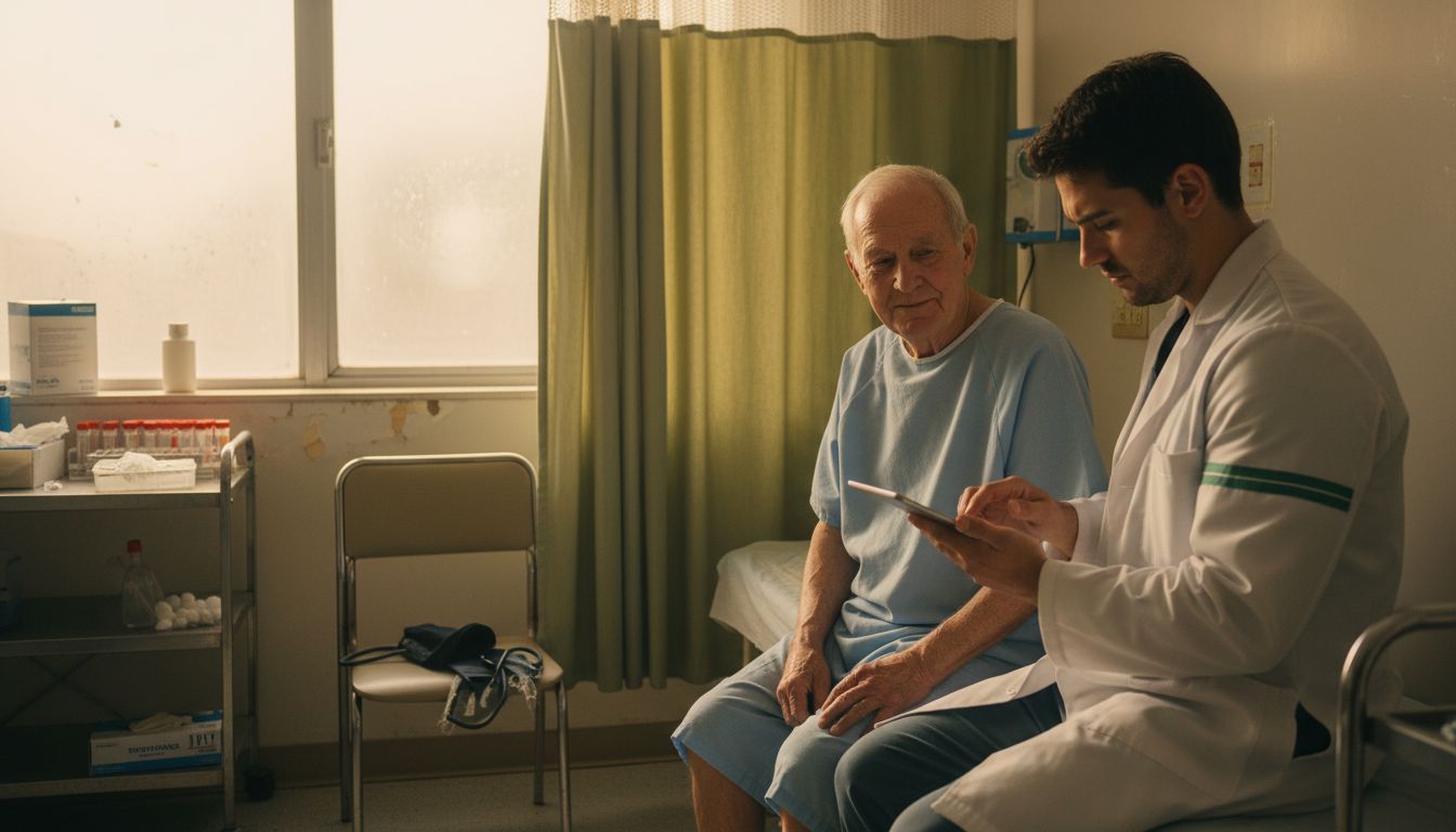 Doctor reviewing chart in hospital exam room