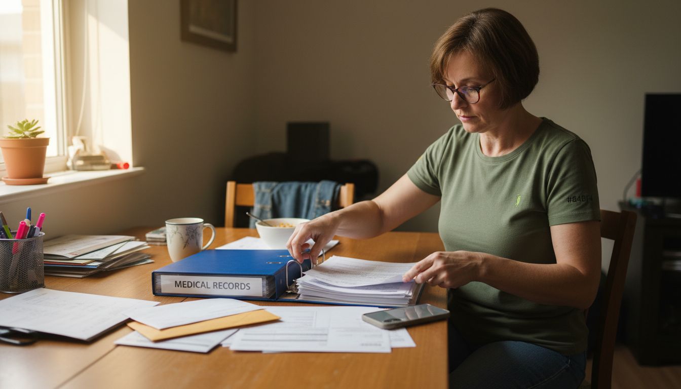 Patient organizes medical documents at home