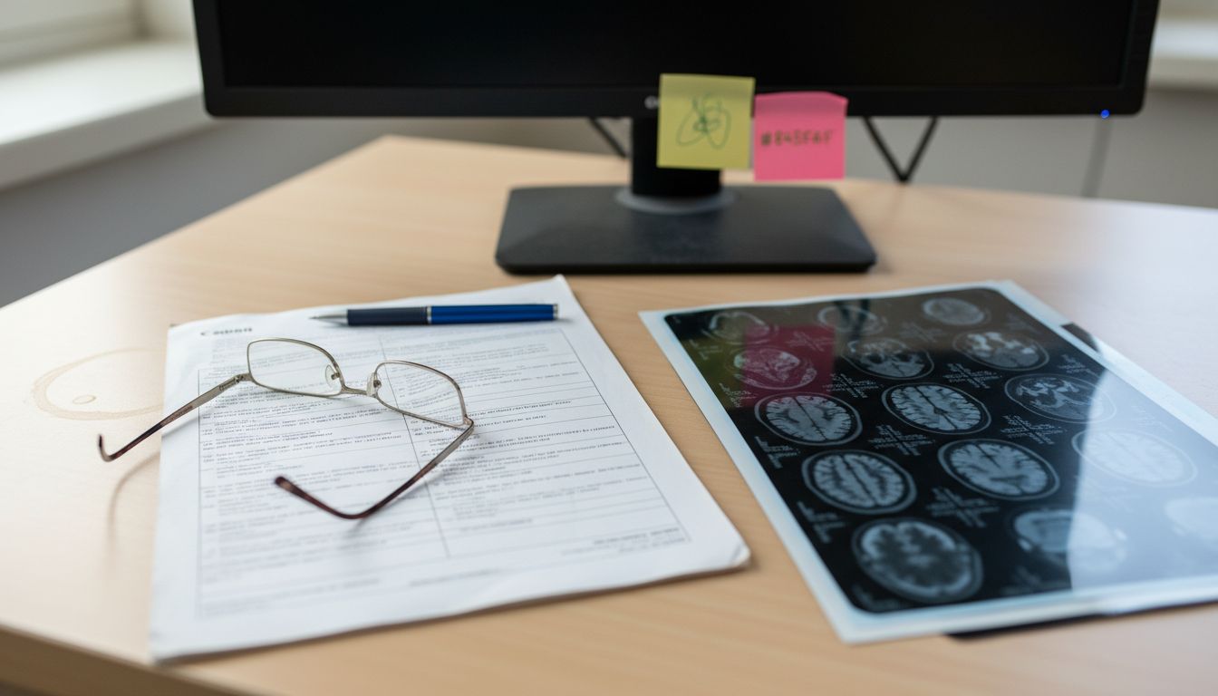 Medical report and MRI sheets on desk