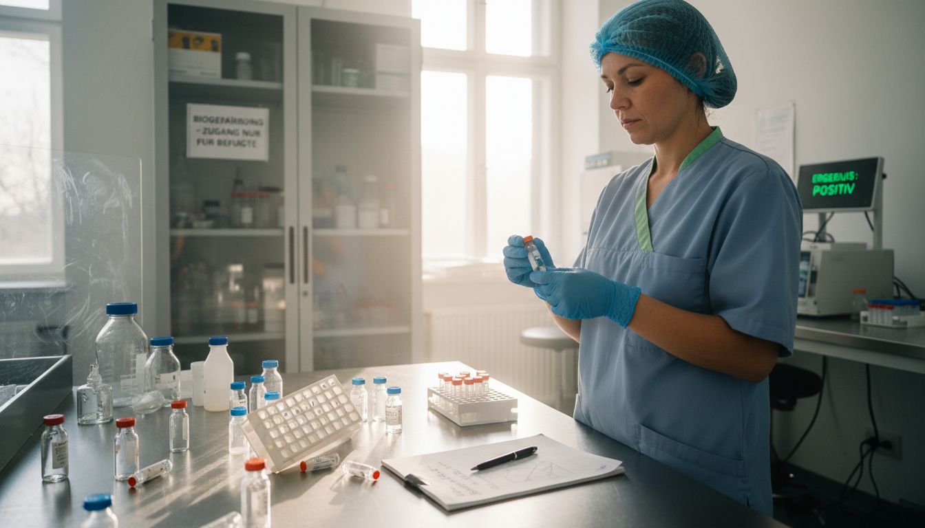 Eine Labormitarbeiterin kennzeichnet Probenröhrchen im pathologischen Labor.