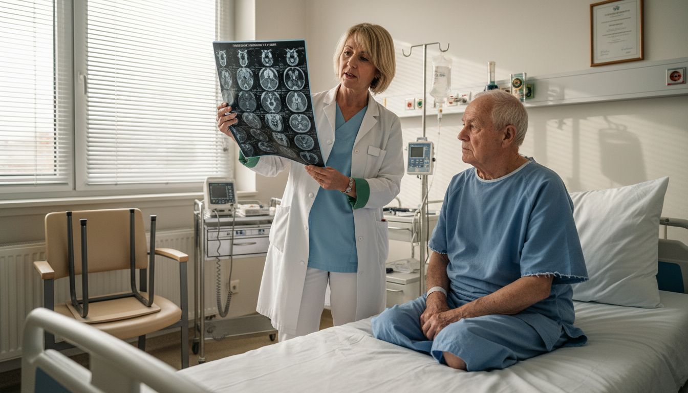 Der Arzt bespricht mit dem Patienten die Ergebnisse der CT-Untersuchung.