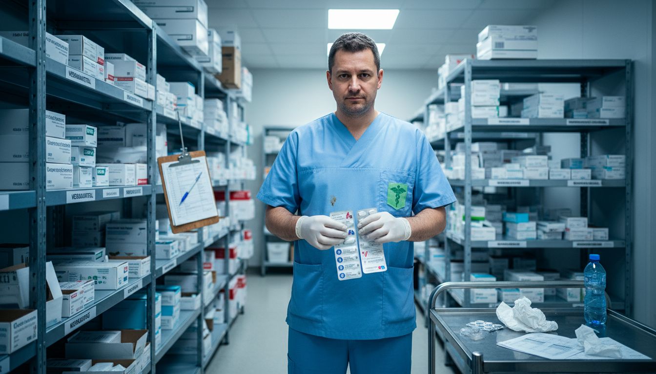 Eine Pflegekraft sortiert das Material und kennzeichnet es mit medizinischen Symbolen.