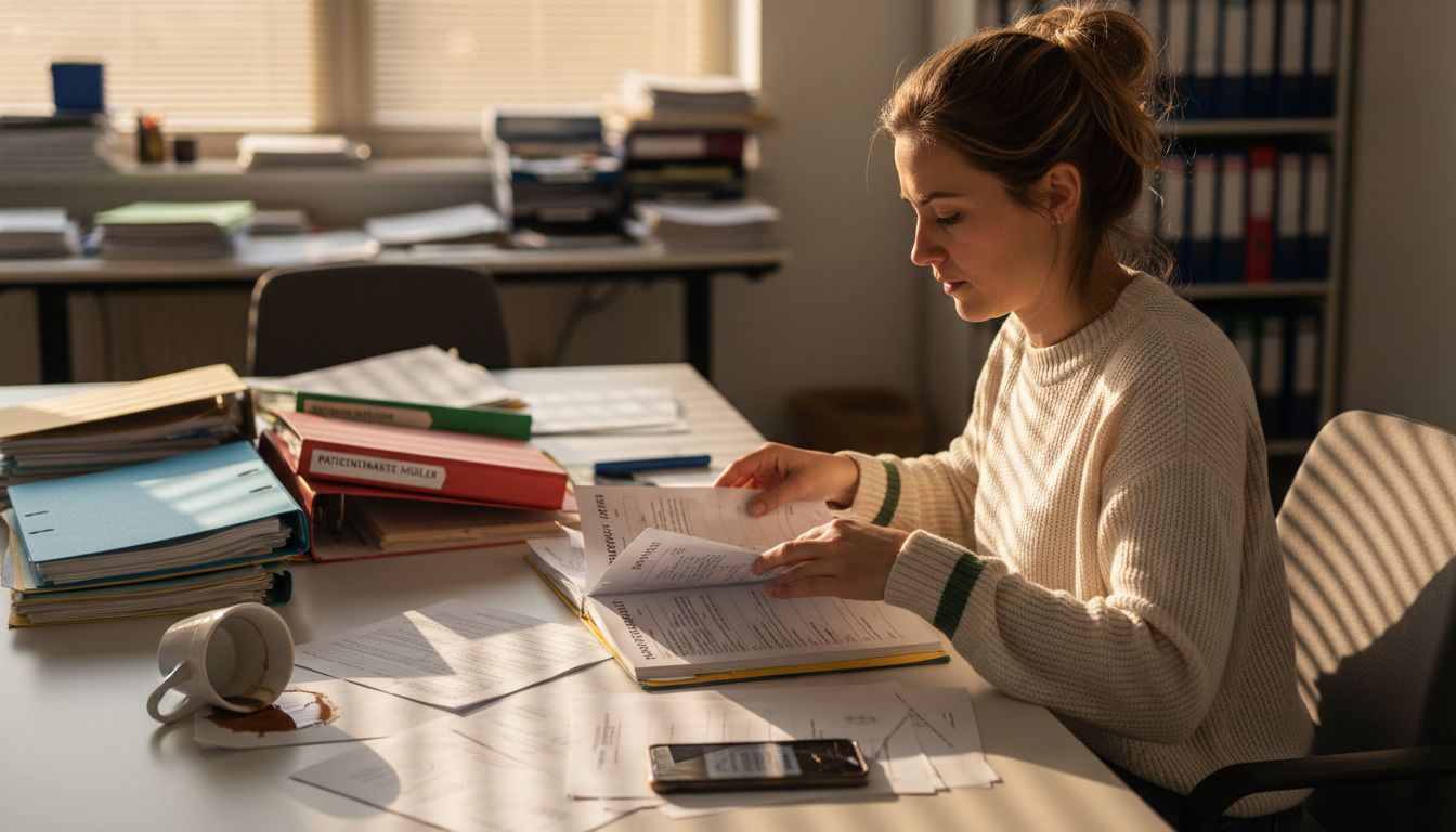Eine Sekretärin prüft und vergleicht verschiedene medizinische Unterlagen, die auf dem Schreibtisch ausgebreitet liegen.