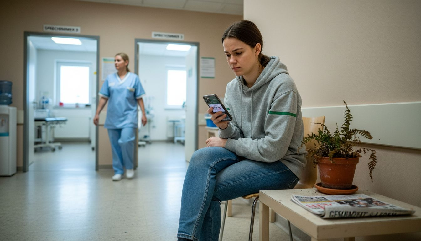 Ein Patient sitzt im überfüllten Flur einer belebten Arztpraxis und wartet darauf, aufgerufen zu werden.