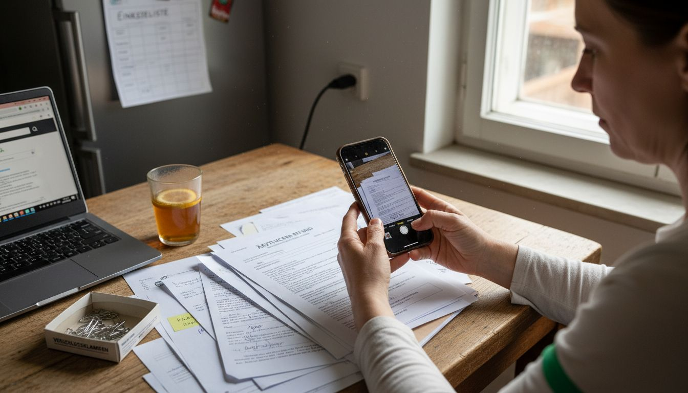Am Küchentisch sitzt eine Frau und scannt ihre medizinischen Unterlagen ein.