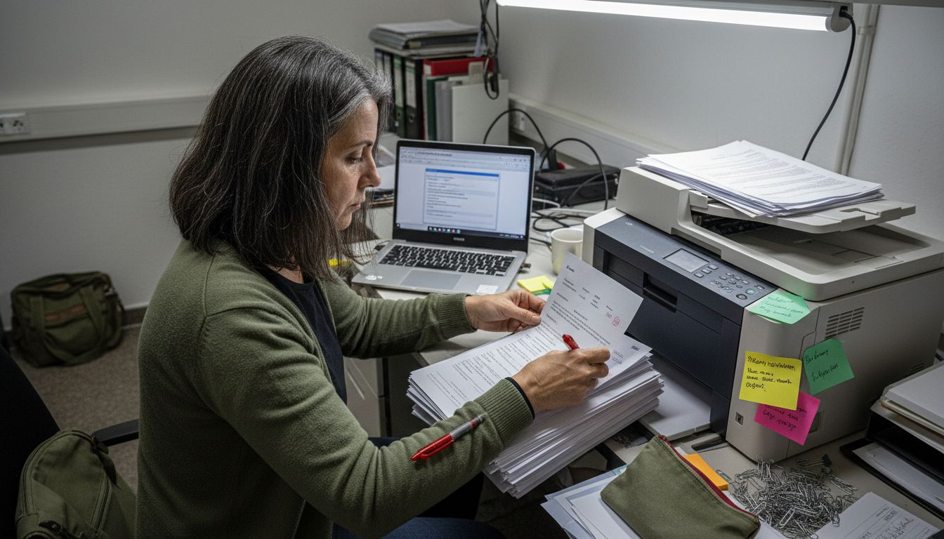 Eine Frau überprüft medizinische Unterlagen, die zuvor übersetzt wurden.
