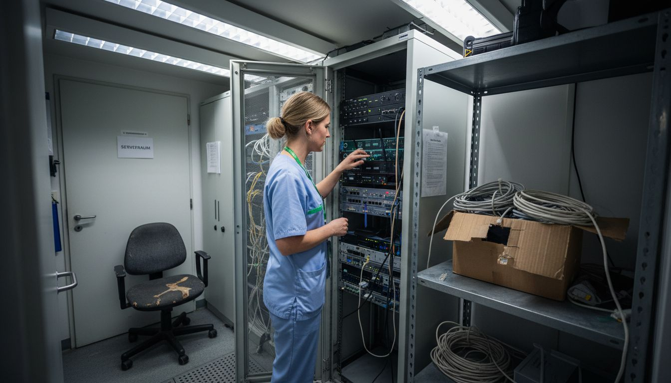 Eine medizinische Fachangestellte überprüft den Server auf Datensicherheit.