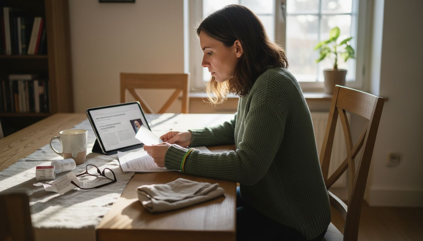 Eine Frau sitzt zu Hause und liest ihren aktuellen Arztbericht aufmerksam durch.