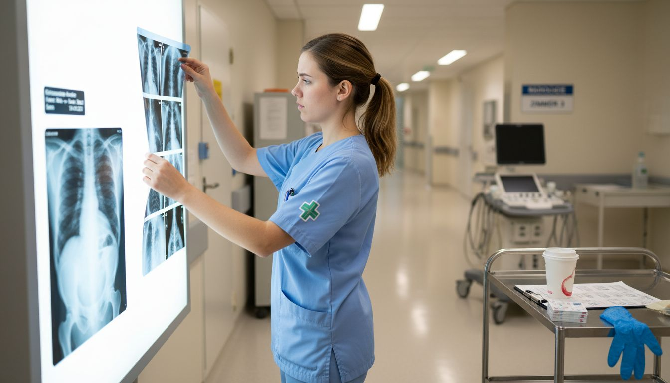 Eine Krankenschwester sortiert Röntgenaufnahmen im Krankenhauslabor.