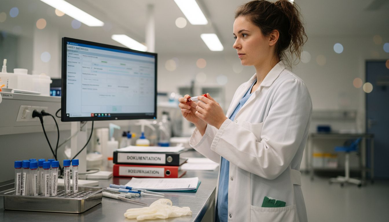 Eine Mitarbeiterin im Labor analysiert eine Blutprobe.
