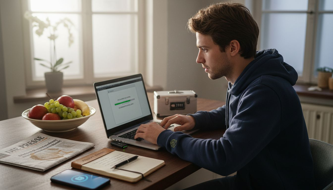 Ein Mann lädt seine Gesundheitsdokumente sicher hoch.