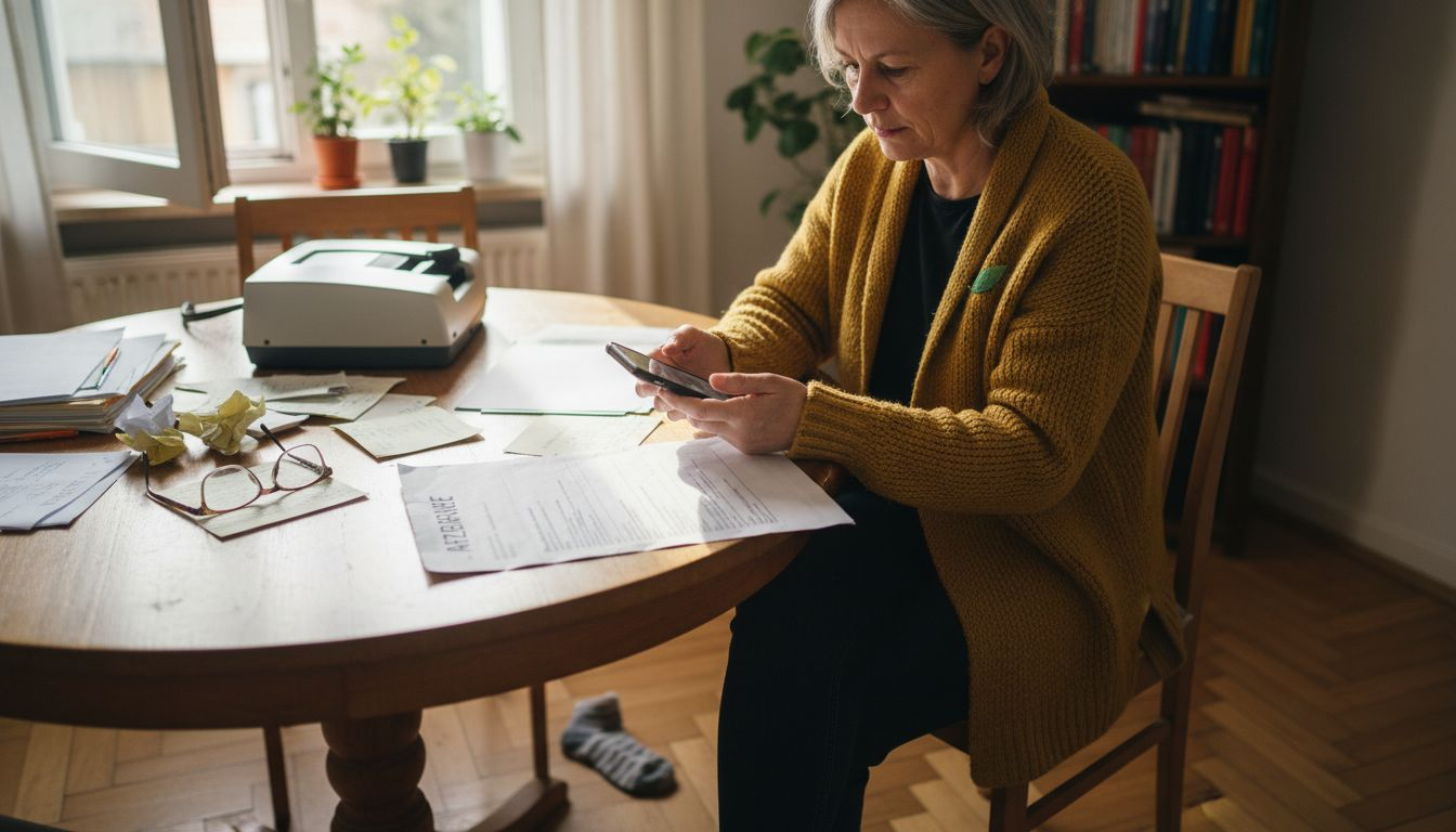 Eine Frau fotografiert ihre medizinischen Unterlagen mit dem Handy ab.