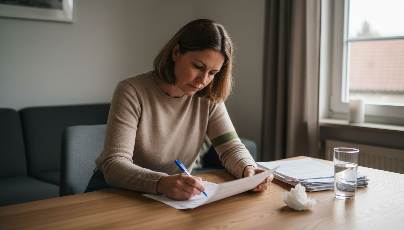 Die Patientin sieht sich aufmerksam ihren EKG-Befund samt handschriftlichen Anmerkungen an.