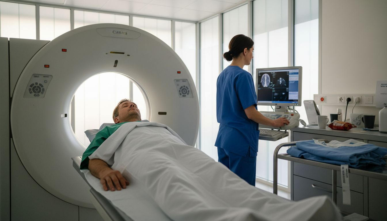 Ein Patient liegt für eine CT-Untersuchung bereit, während ein Radiologie-Fachmann das Gerät bedient.