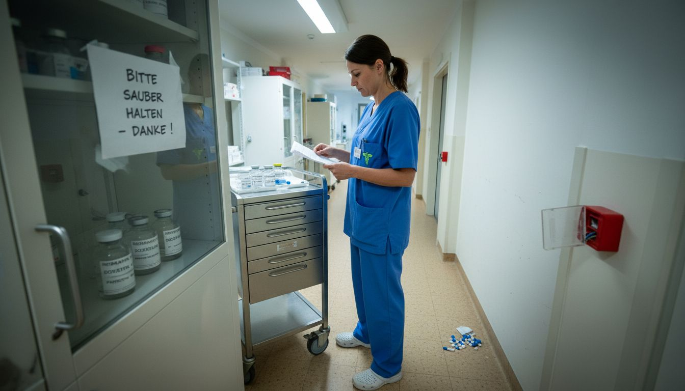 Eine Pflegekraft überprüft die Patientendaten am Medikamentenschrank.