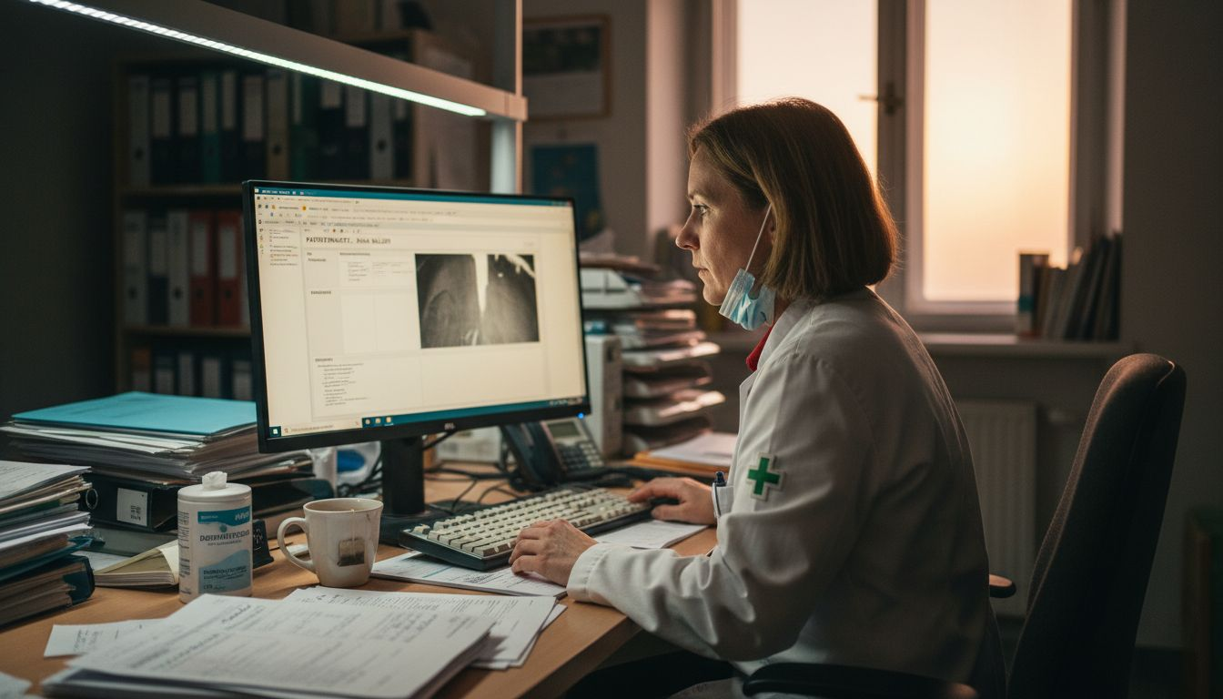 Ein Arzt sitzt am Schreibtisch und prüft digitale Patientenunterlagen.