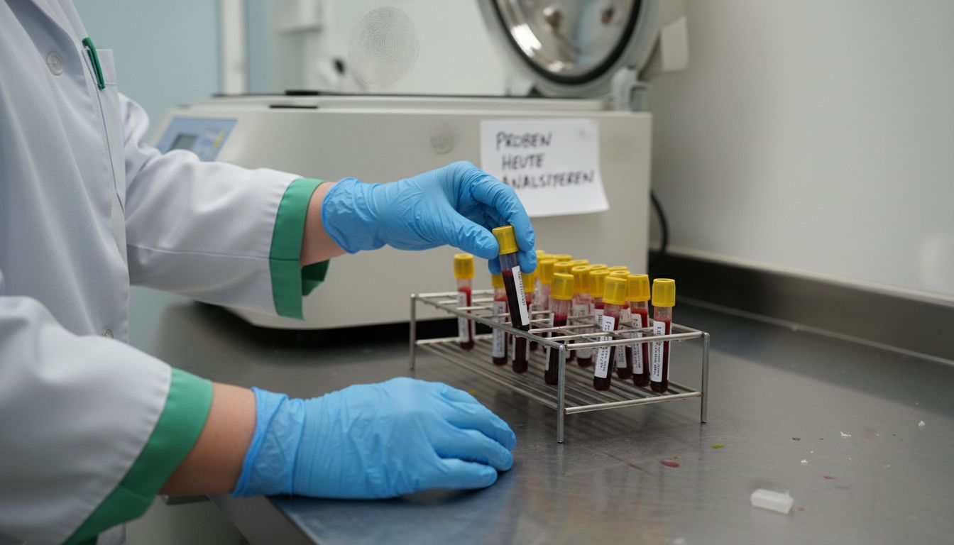 Mit Handschuhen geschützte Hände stellen eine Blutprobe vorsichtig ins Probenständer.