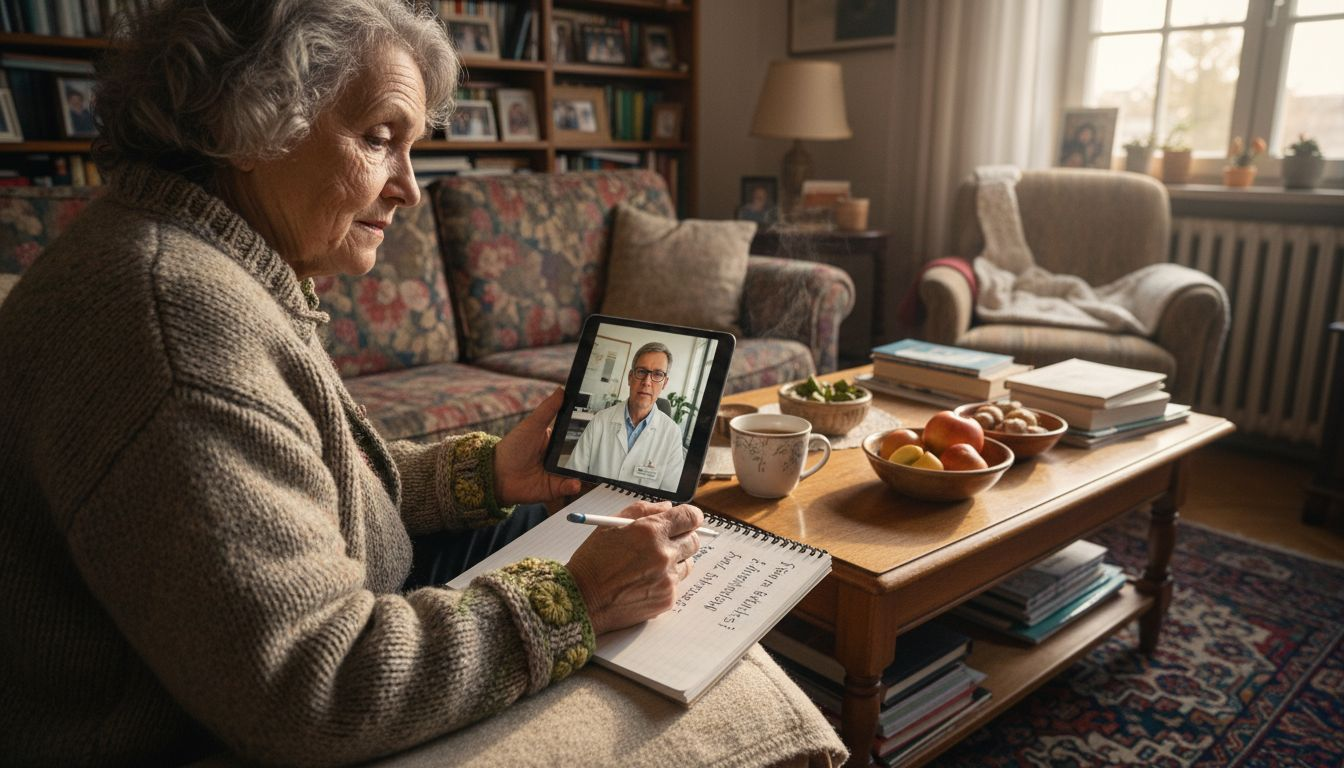 Eine ältere Dame führt ein Arztgespräch bequem per Tablet von zuhause aus.