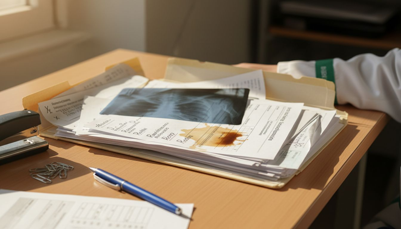 Ein chaotischer Schreibtisch, auf dem sich ein Ordner mit medizinischen Unterlagen befindet.