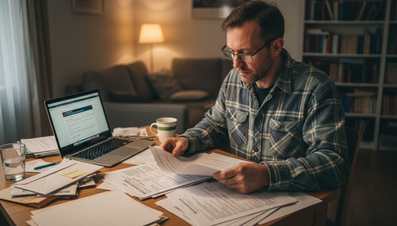 Ein Patient sitzt am Tisch und sortiert seine medizinischen Unterlagen.