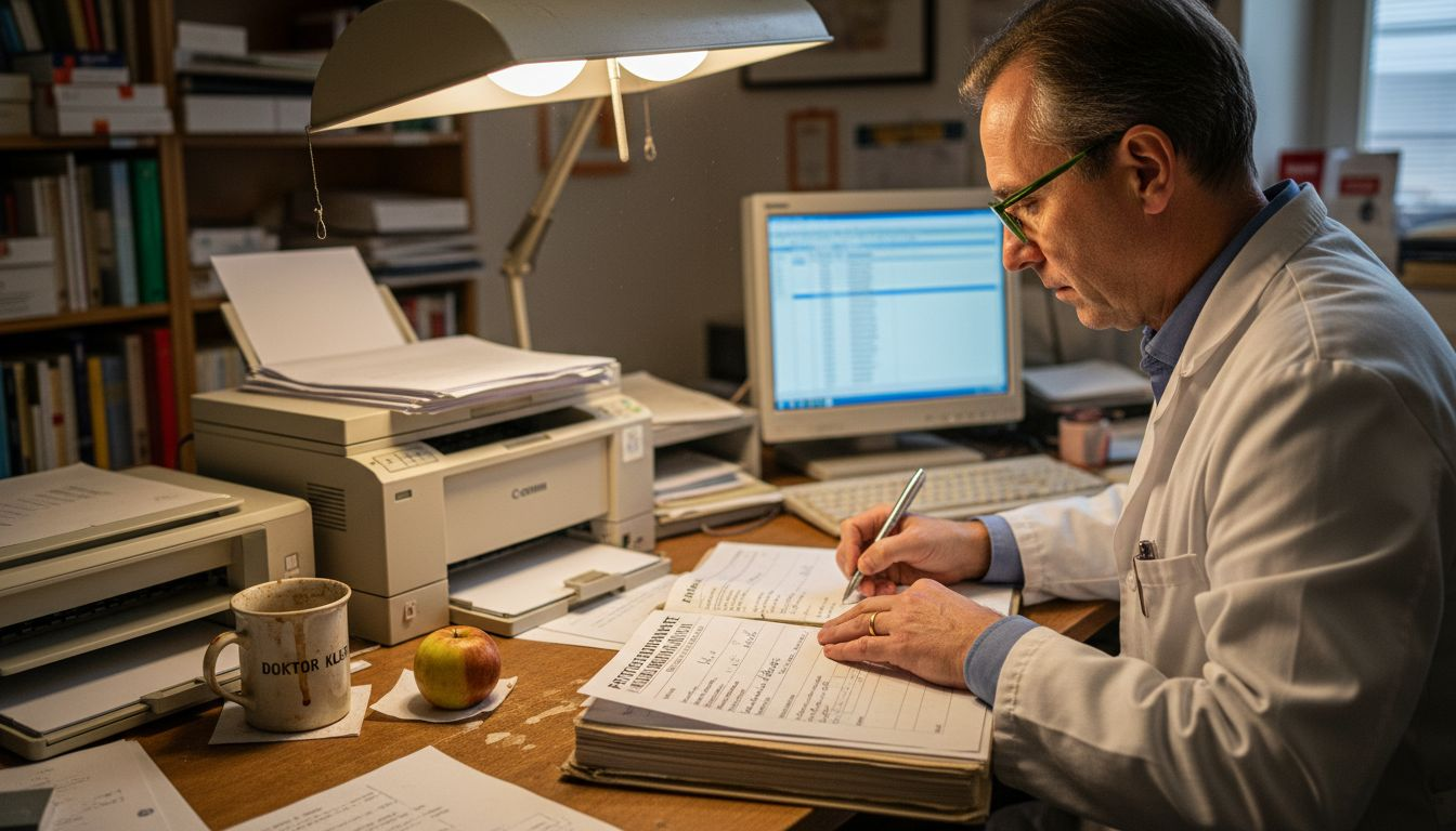 Am Schreibtisch stellt der Arzt eine Überweisung für den Patienten aus.