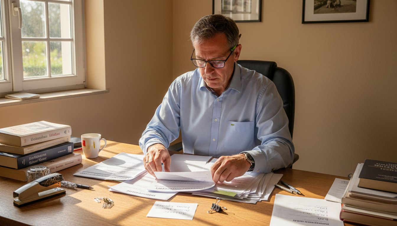 Jemand ordnet medizinische Unterlagen nach Datum auf dem Schreibtisch.