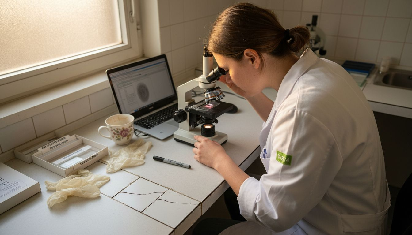 Eine Laborfachkraft untersucht unter dem Mikroskop einen Gewebeschnitt.