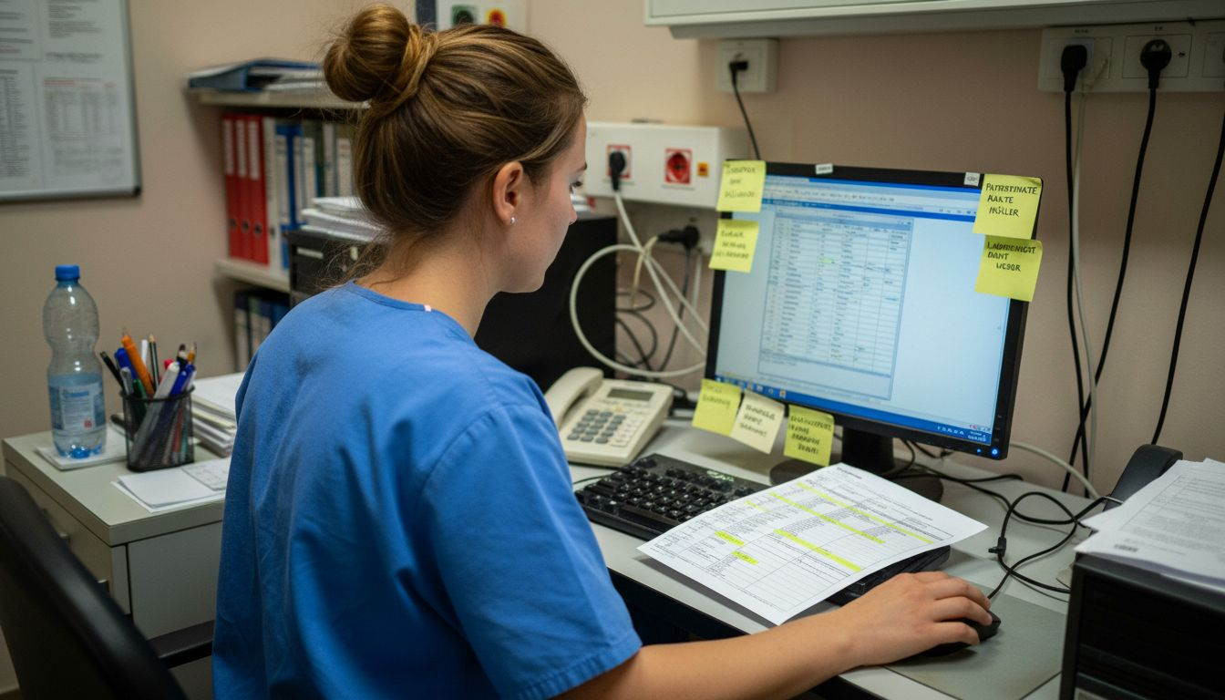 Eine Ärztin oder ein Arzt trägt Patientendaten am Computer ein.