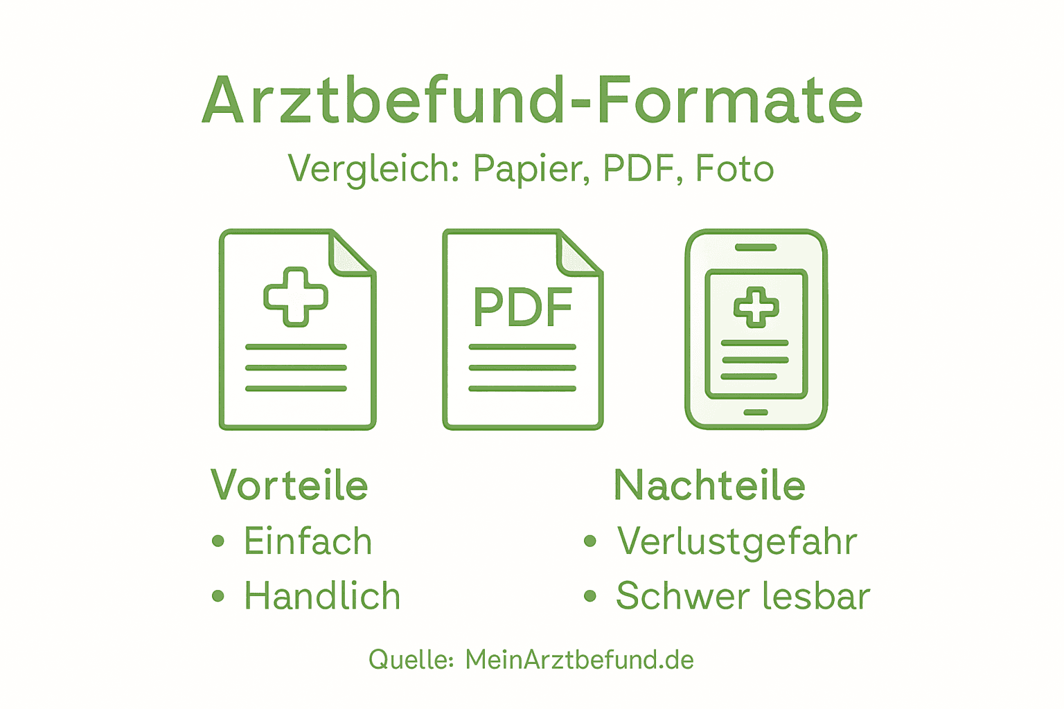 Übersichtsgrafik: Die wichtigsten Formate für Arztbefunde im Vergleich – Stärken und Schwächen auf einen Blick