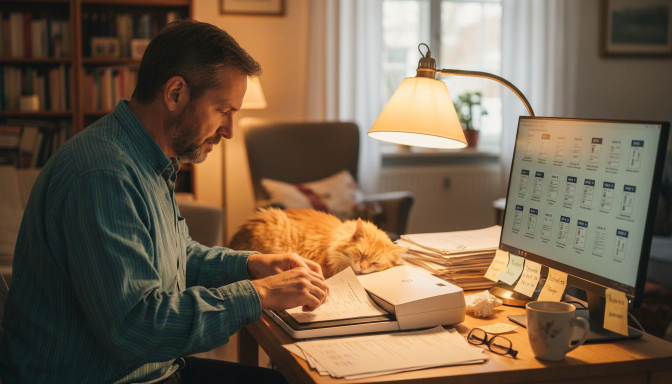 Ein Mann digitalisiert Unterlagen an seinem Schreibtisch zu Hause.
