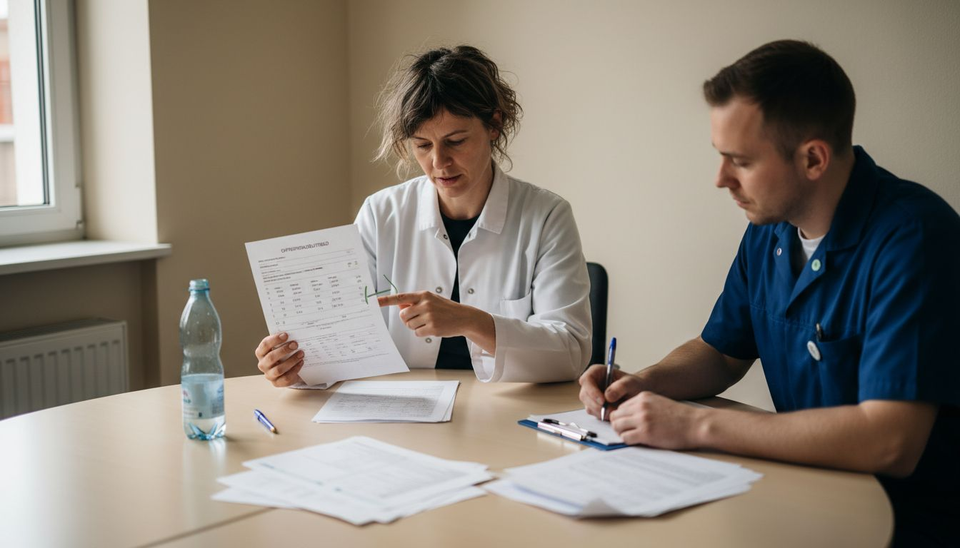 Die Ärzte gehen gemeinsam die Ergebnisse des Differenzialblutbilds durch und besprechen, was sie bedeuten.