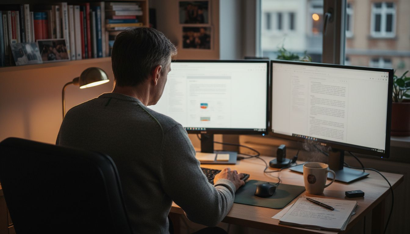 Ein Mann sitzt am Schreibtisch und prüft digitale medizinische Unterlagen.