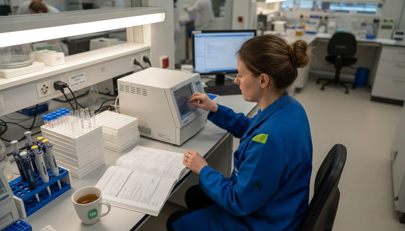 Ein Labortechniker überprüft und justiert ein Analysegerät, um präzise Messergebnisse zu gewährleisten.