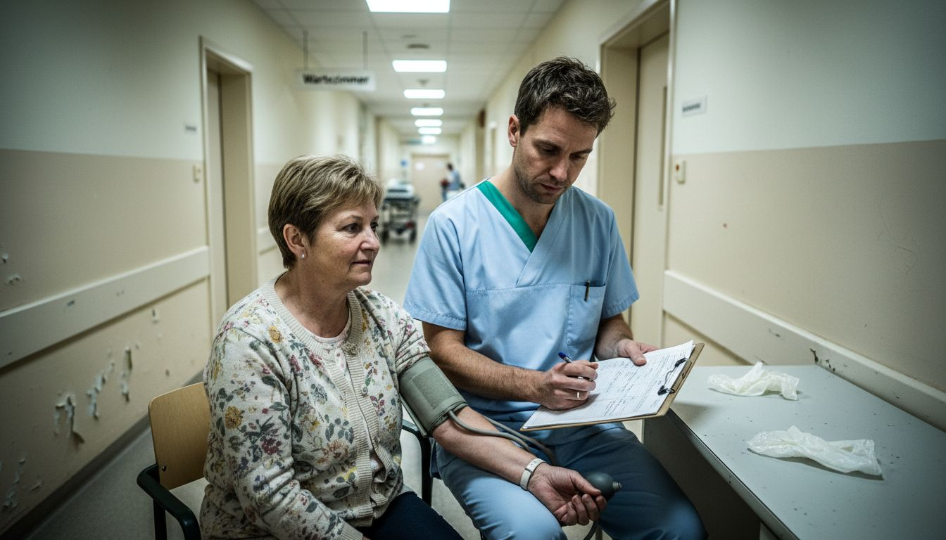 Eine Pflegekraft misst die Vitalwerte eines Patienten in der Praxis.