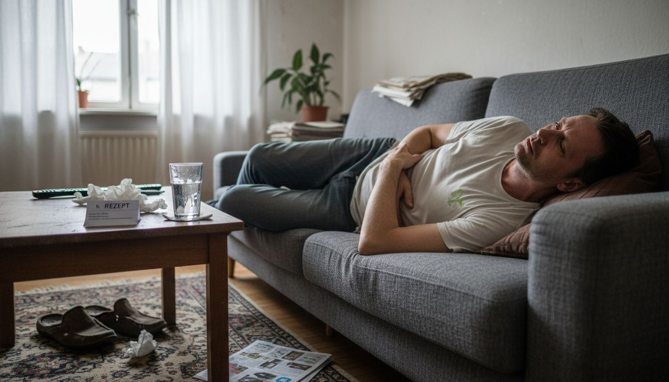 Ein Mann, der im Alltag zu Hause mit gesundheitlichen Problemen zu kämpfen hat.