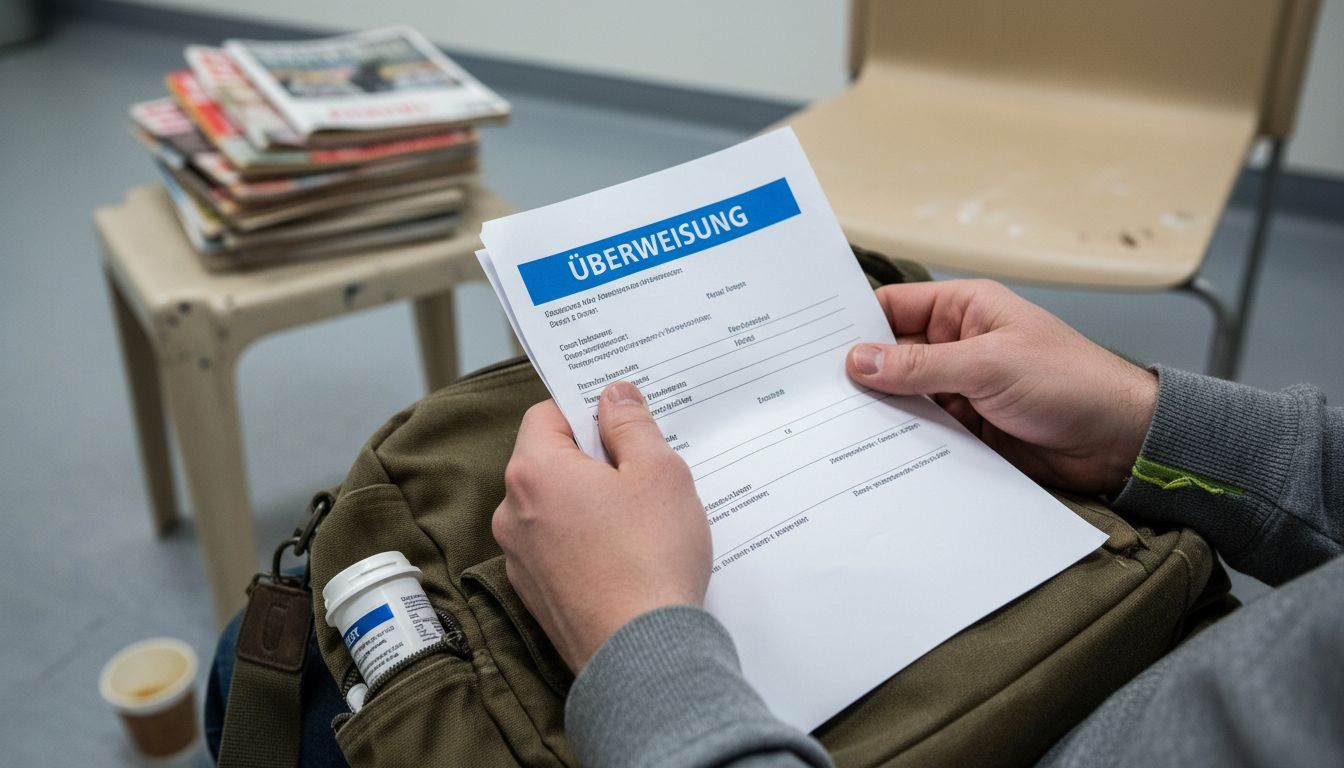 Ein Patient sitzt im Wartebereich und hält sein Überweisungsformular in der Hand.