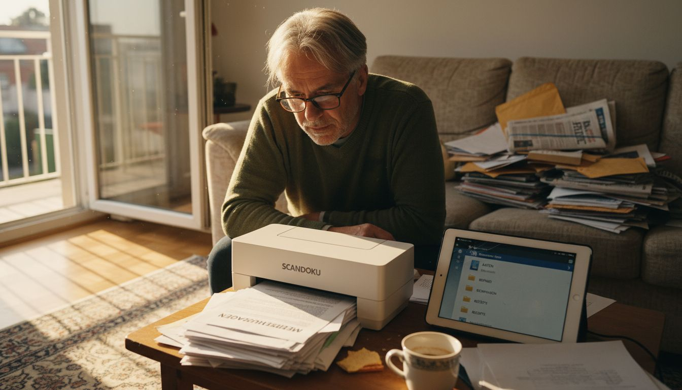 Ein Mann digitalisiert seine medizinischen Unterlagen, um sie hochzuladen.